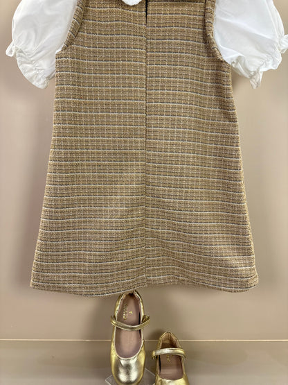 Vestido Infantil Manga Curta Tweed Xadrez Bege - Animê Petite