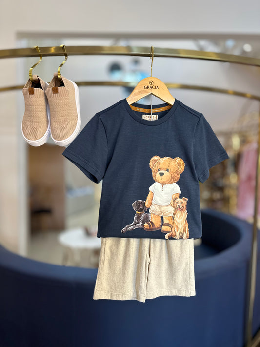 Conjunto Infantil Camiseta Teddy Cachorros Marinho e Bermuda Linho Elastano Bege - Dame