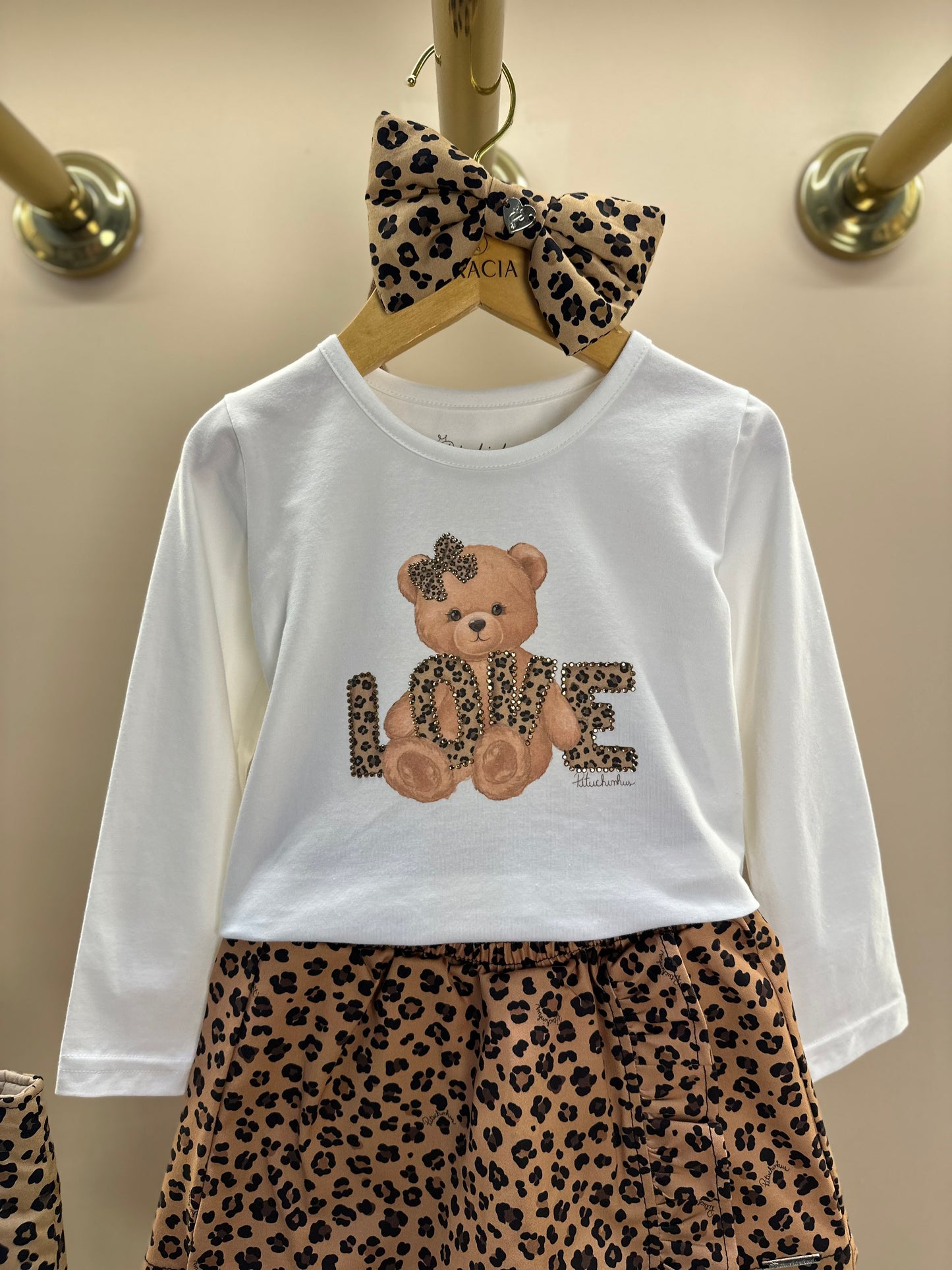 Conjunto Infantil Blusa Ursinha Love e Saia-shorts  Sarja Babadinho Oncinha - Pituchinhus