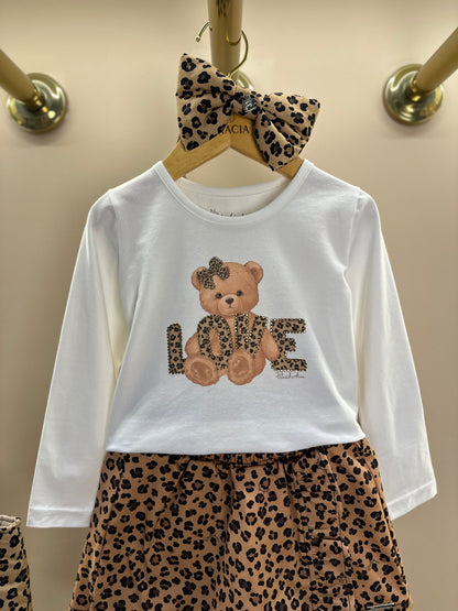 Conjunto Infantil Blusa Ursinha Love e Saia-shorts  Sarja Babadinho Oncinha - Pituchinhus