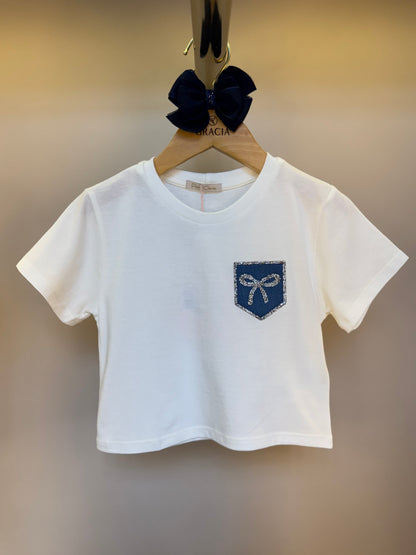 Camiseta Infantil Algodão Bolso Strass Off White - Petit Cherie