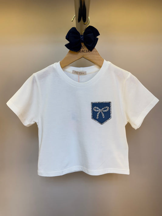 Camiseta Infantil Algodão Bolso Strass Off White - Petit Cherie