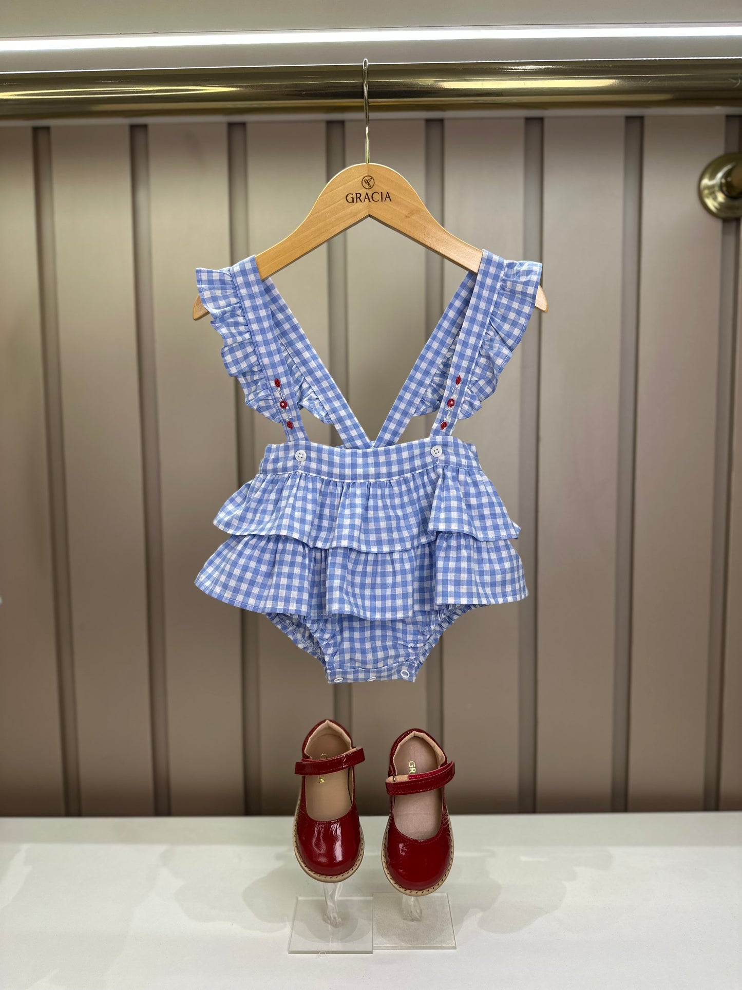 Jardineira Bebê Clássica Xadrez Azul Body Branco Golinha - Roana