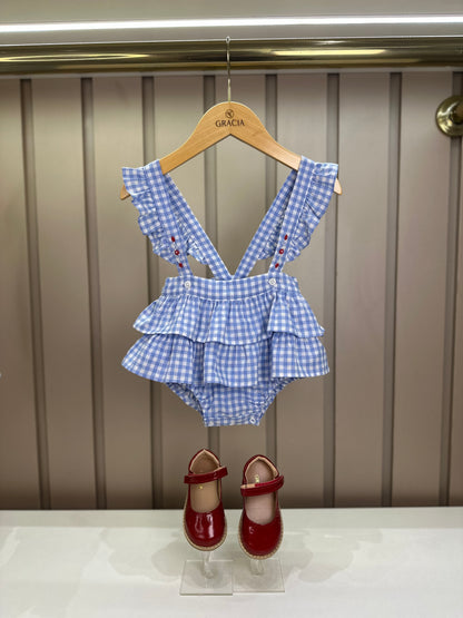 Jardineira Bebê Clássica Xadrez Azul Body Branco Golinha - Roana