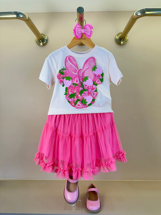 Conjunto Infantil Blusa Minnie Rosa Saia Tule Rosa - Animê