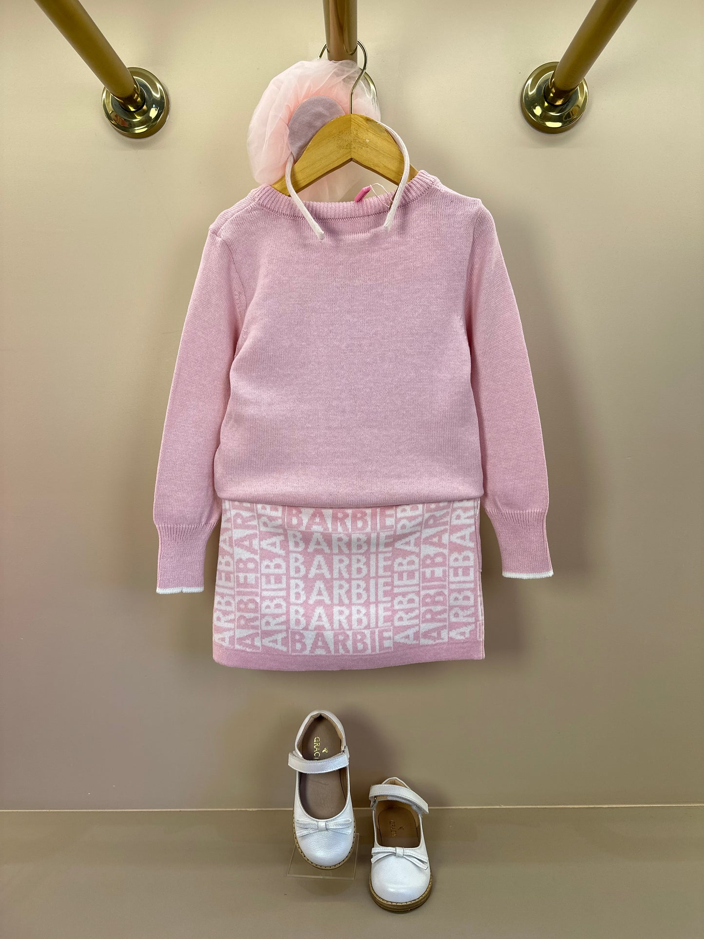 Conjunto Infantil Tricot Blusa Barbie Strass e Saia Jacquard Barbie Patches Sugar Rose - Pituchinhus