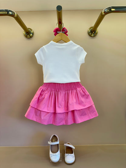 Conjunto Infantil Blusa Off Joia Coração e Saia Babado Rosa - Animê