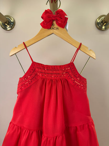 Vestido Infantil Bordado Alça Fina Vermelho - Petit Cherie