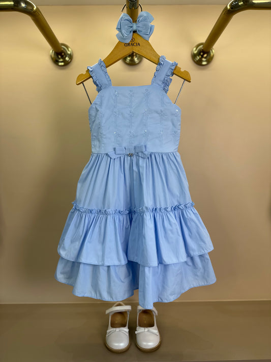 Vestido Infantil Algodão Babados e Bordados Azul Soft - Petit Cherie