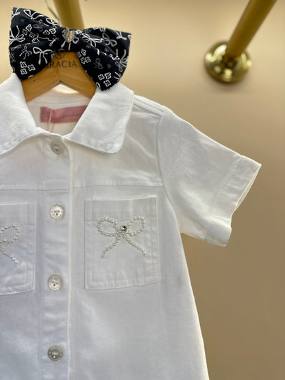 Vestido Infantil Sarja Bolsos Lacinhos Bordados Off White - Pituchinhus