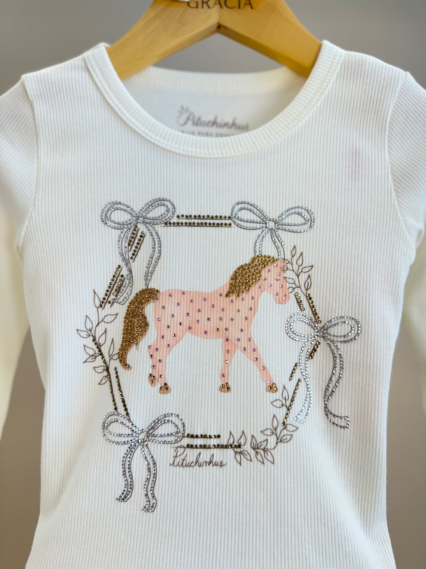 Conjunto Infantil Blusa Off White Cavalinho Cristal E Legging Tricot Floral Rosa - Pituchinhus