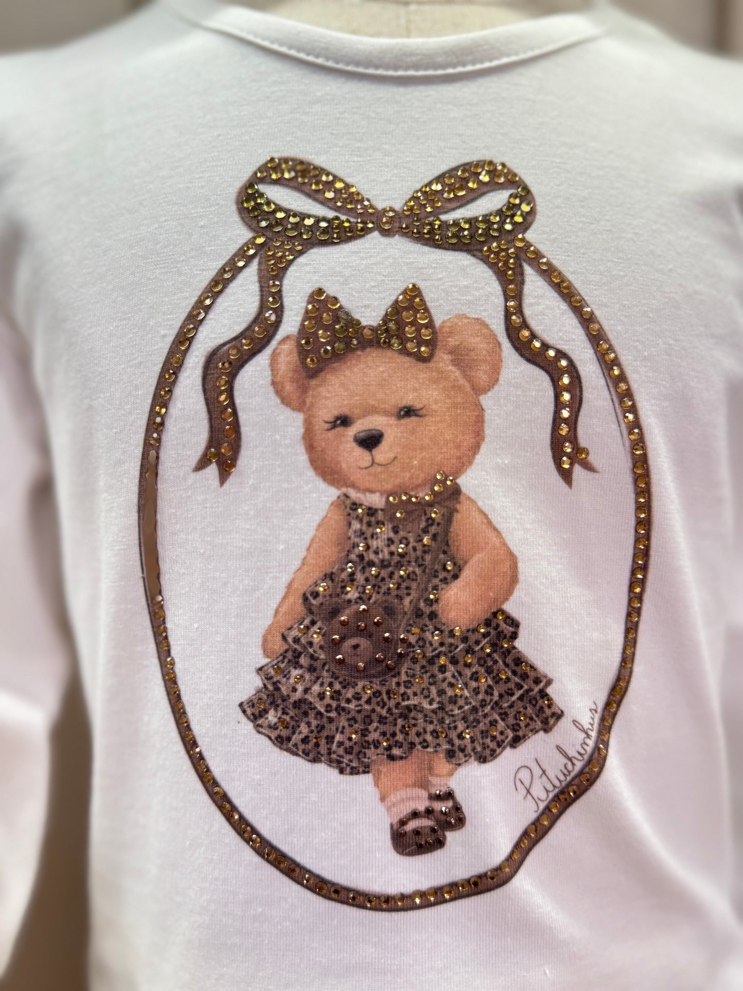 Conjunto Infantil Blusa  Ursinha Moldura Cristais e Calça  Sarja Reta Bolsos Oncinha - Pituchinhus