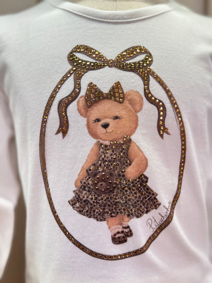 Conjunto Infantil Blusa  Ursinha Moldura Cristais e Calça  Sarja Reta Bolsos Oncinha - Pituchinhus