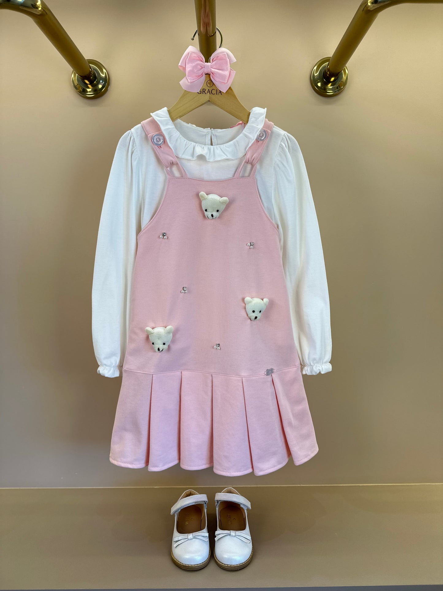 Salopete Infantil Rosa Ursinhos Com Blusa Golinha MC Off White - Gabriela Aquarela