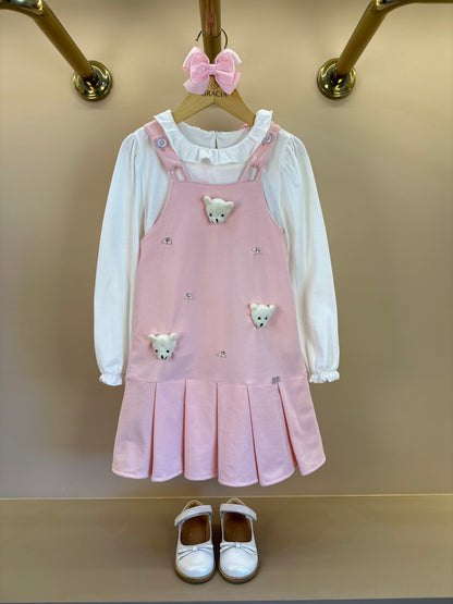 Salopete Infantil Rosa Ursinhos Com Blusa Golinha MC Off White - Gabriela Aquarela