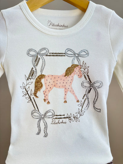 Conjunto Infantil Blusa Off White Cavalinho Cristal E Legging Tricot Xadrez Marrom - Pituchinhus