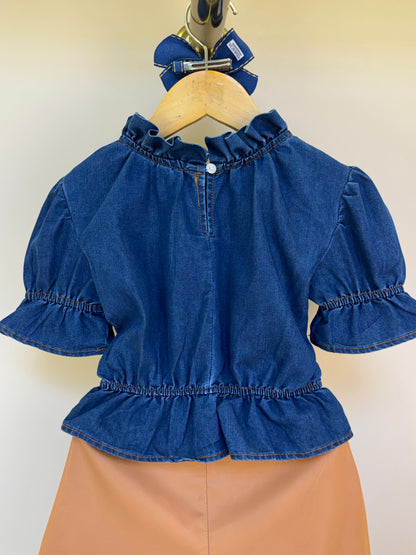 Conjunto Infantil Blusa Jeans Peplum e Shorts Couro Tech Botões - Luluzinha