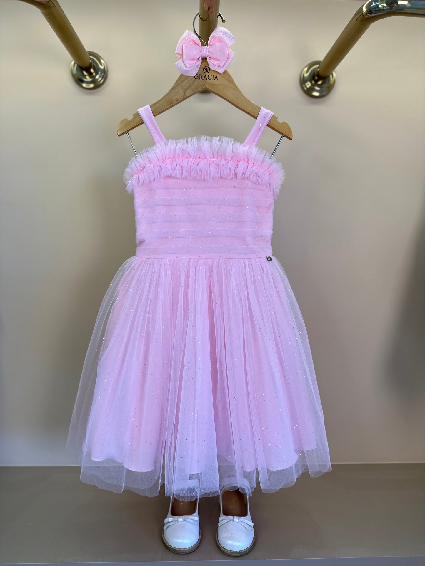 Vestido Infantil Tule com Brilho Tomas e Frufru Rosa Claro - Petit Cherie