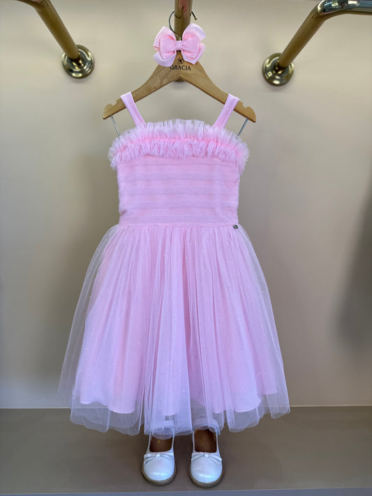 Vestido Infantil Tule com Brilho Tomas e Frufru Rosa Claro - Petit Cherie