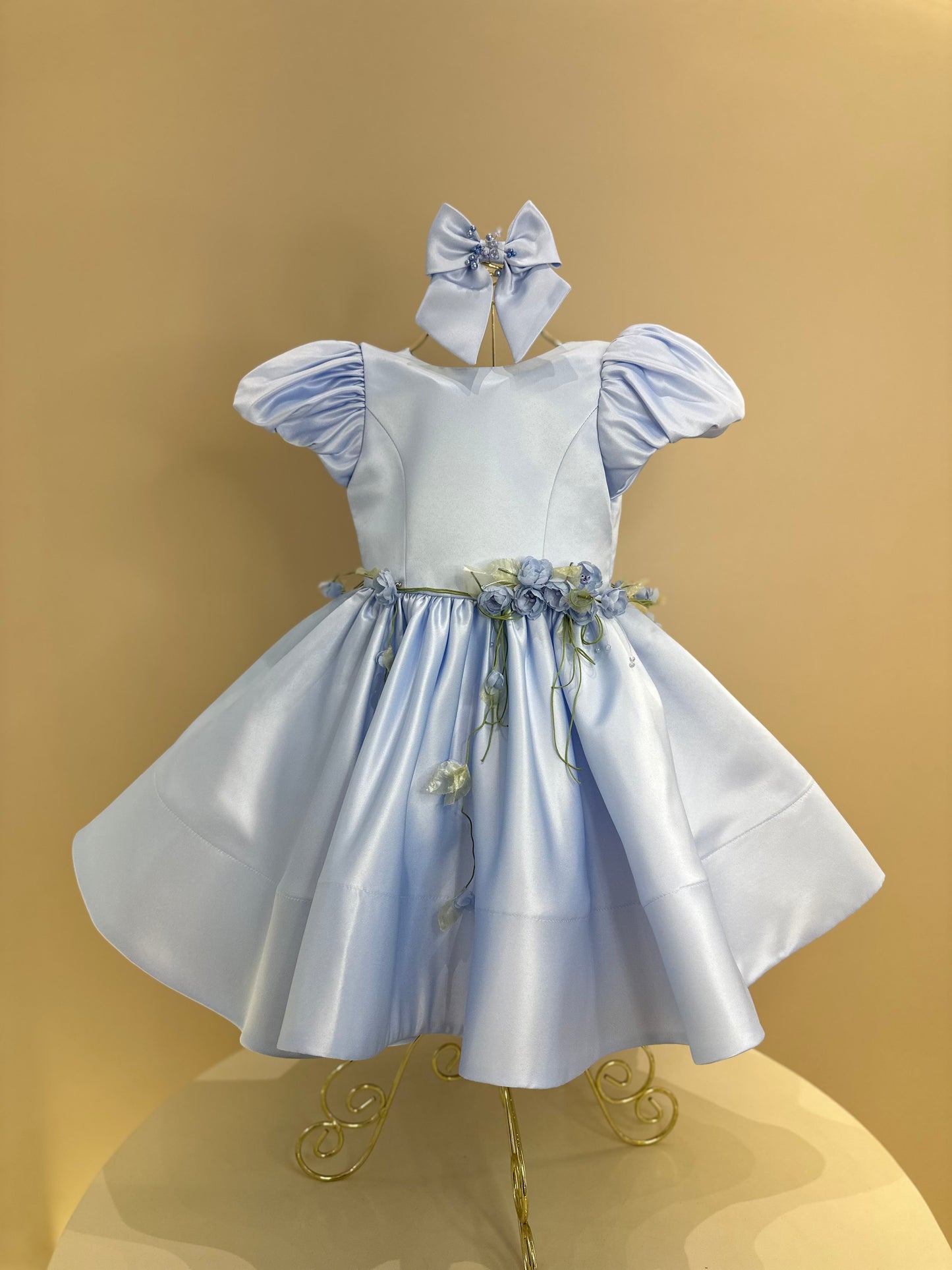 Vestido Infantil Festa Laço Costas e Flores Azul - Mio Bebê