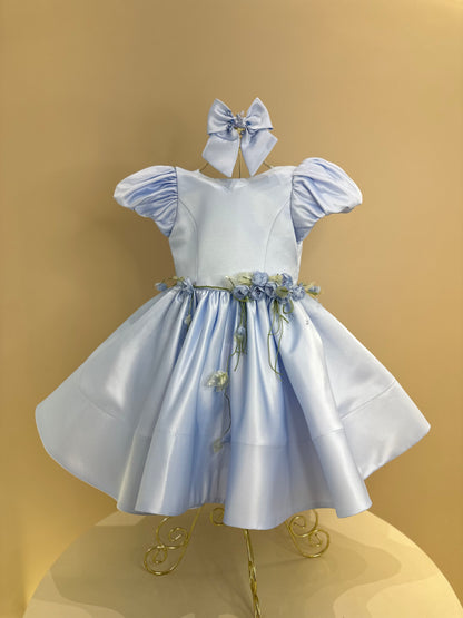Vestido Infantil Festa Laço Costas e Flores Azul - Mio Bebê