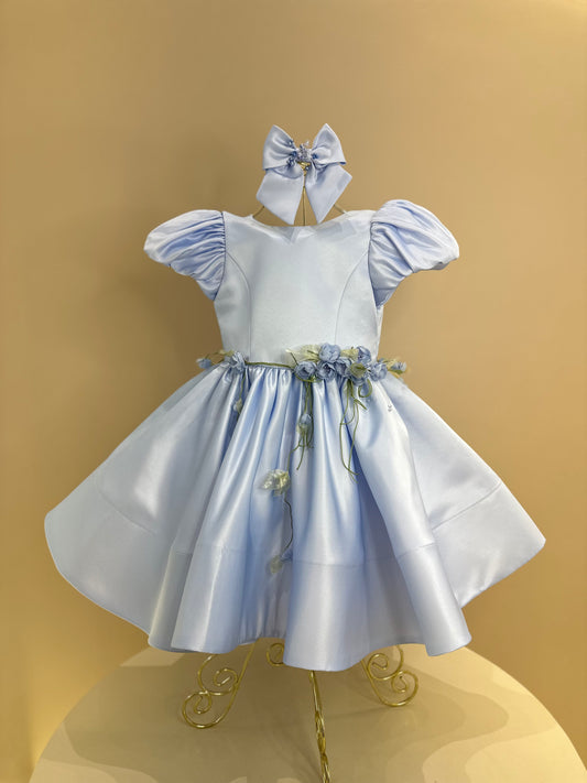 Vestido Infantil Festa Laço Costas e Flores Azul - Mio Bebê