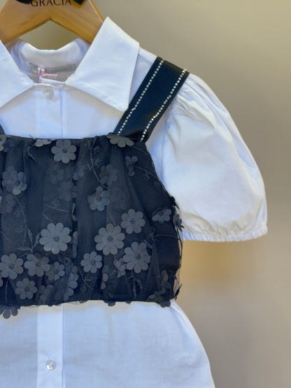 Conjunto Infantil Camisa com Cropped Bordado Flores e Saia-shorts - Gabriela Aquarela
