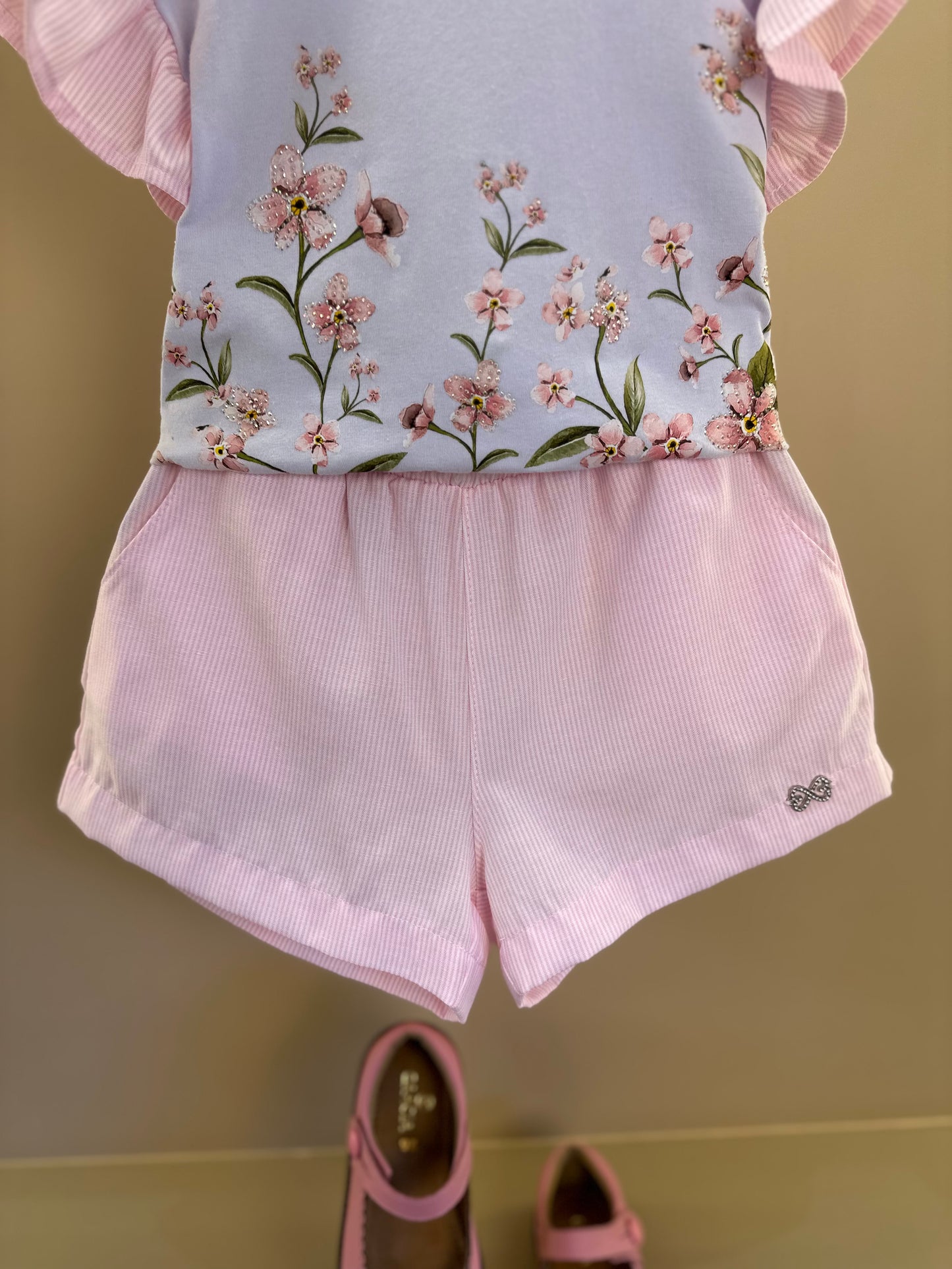 Conjunto Infantil Blusa Estampa Floral e Shorts Alfaiataria Listrado Rosa - Luluzinha