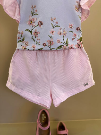 Conjunto Infantil Blusa Estampa Floral e Shorts Alfaiataria Listrado Rosa - Luluzinha