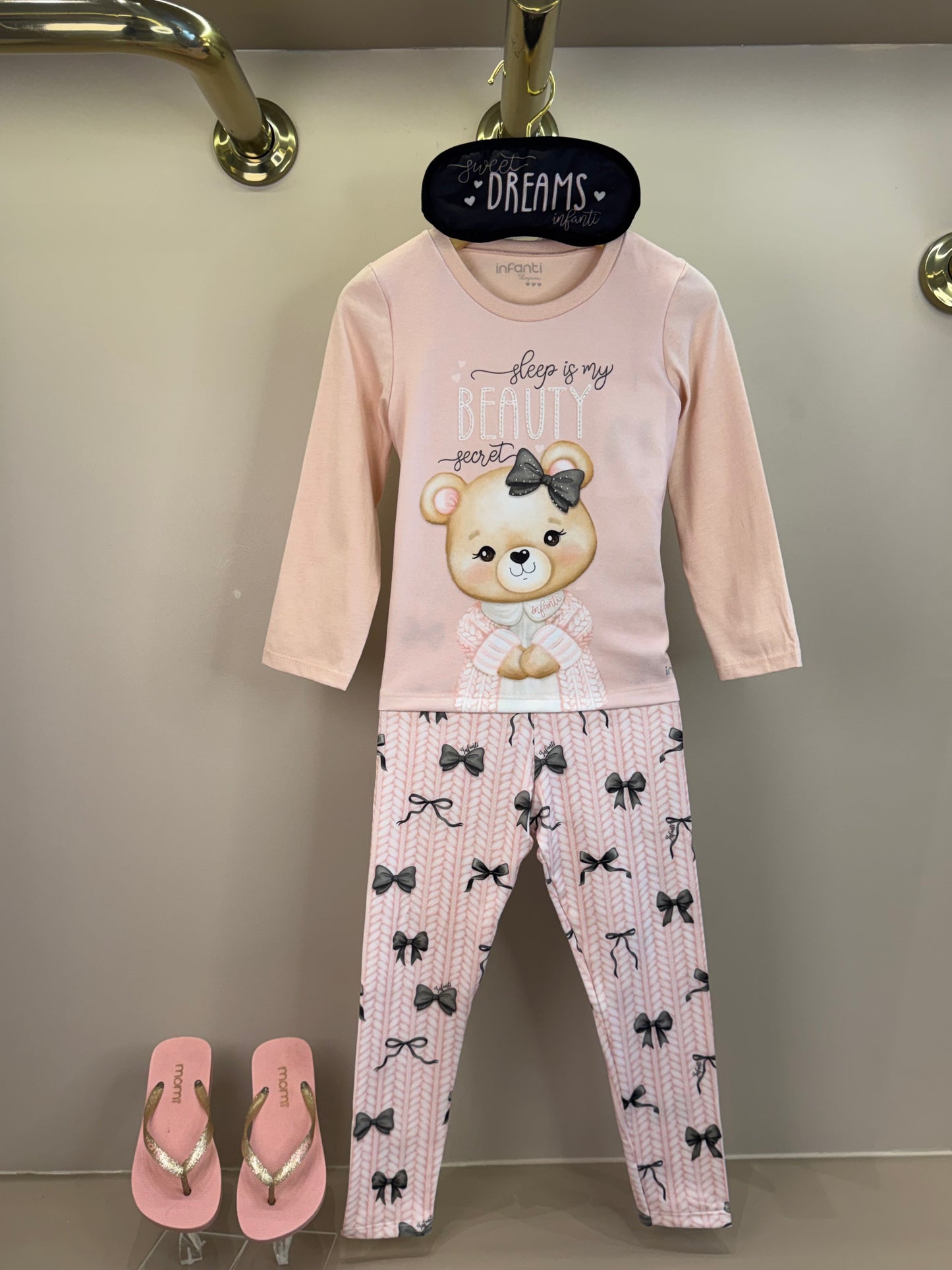 Pijama Infantil Blusa ML Ursinha Beauty e Calça Lacinhos Rosa Seda com Máscara - Infanti