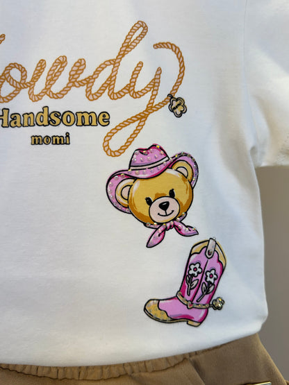 Conjunto Infantil Blusa de Ursinha Cowgirl e Shorts Moletom Bege - Momi
