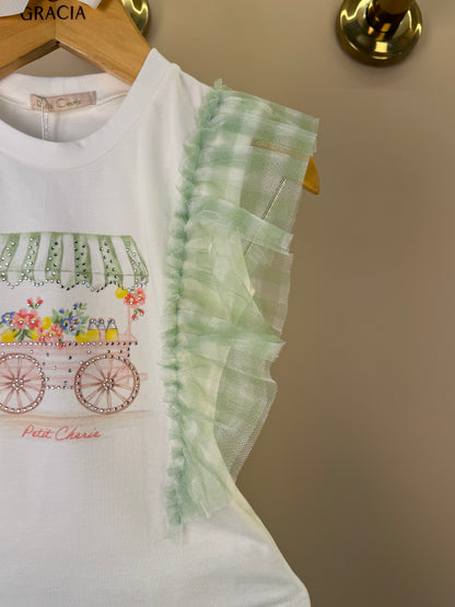 Conjunto Infantil Blusa Strass Flores e Saia Quadriculada Verde - Petit Cherie