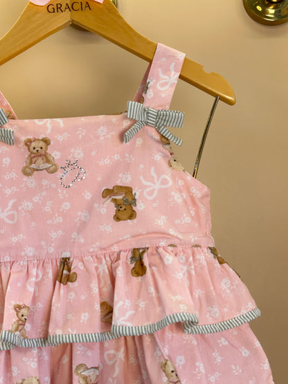 Conjunto Infantil Blusa Algodão Estampa Ursinhos Com Babados Lacinhos e Calça Pantacourt  - Pituchinhus