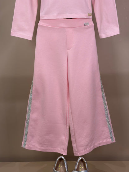 Conjunto Infantil ML Laço e Calça Wide Leg Lateral Glitter Rosa - Luluzinha