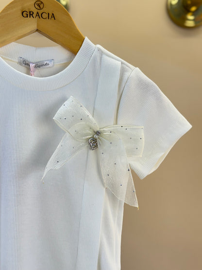 Camiseta Infantil Lacinho Tule Off White e Rosa - Gabriela Aquarela