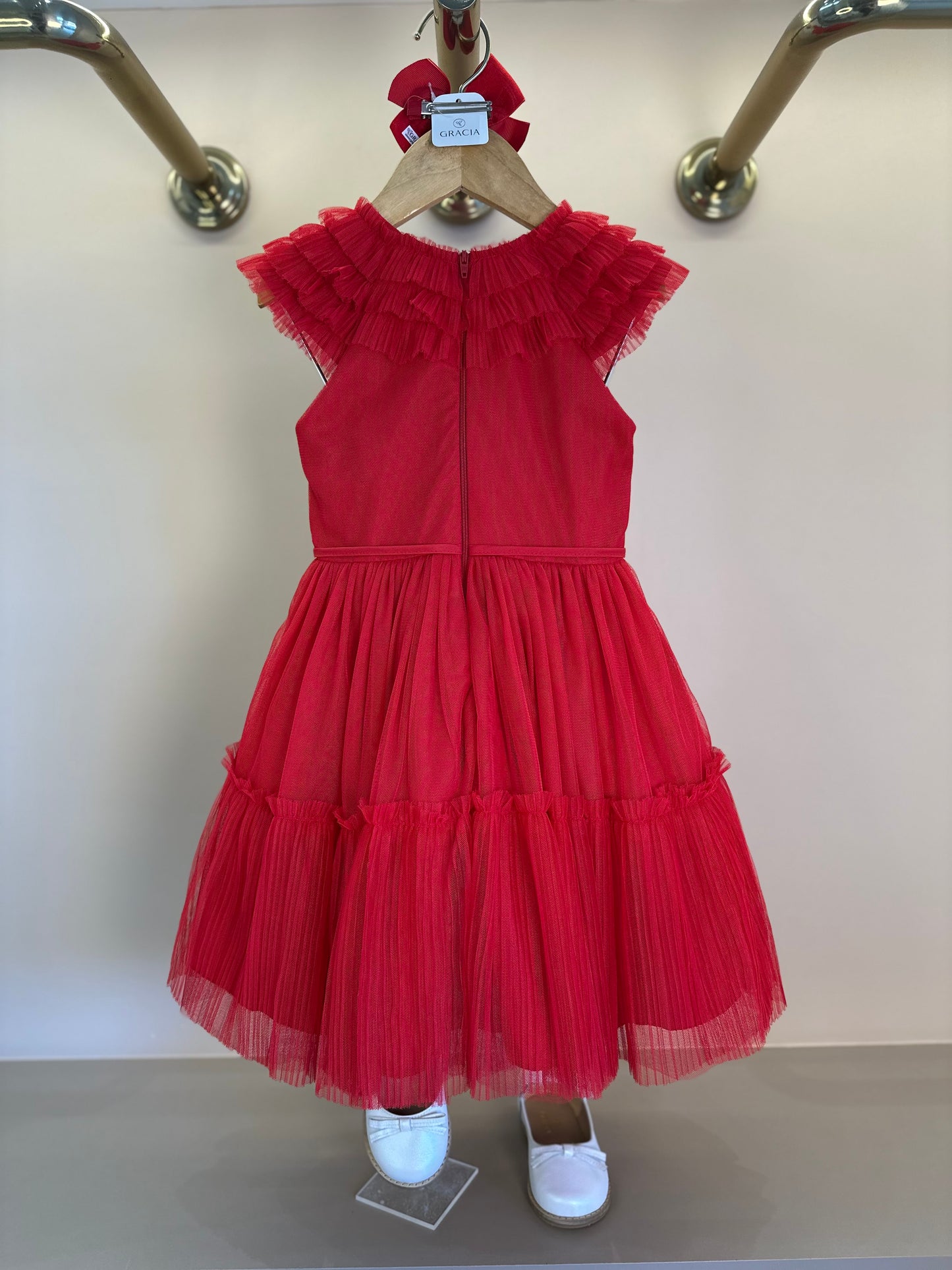 Vestido Infantil Tule Vermelho Gola Babados e Laço Cintura - Petit Cherie