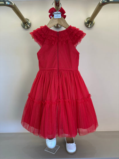 Vestido Infantil Tule Vermelho Gola Babados e Laço Cintura - Petit Cherie