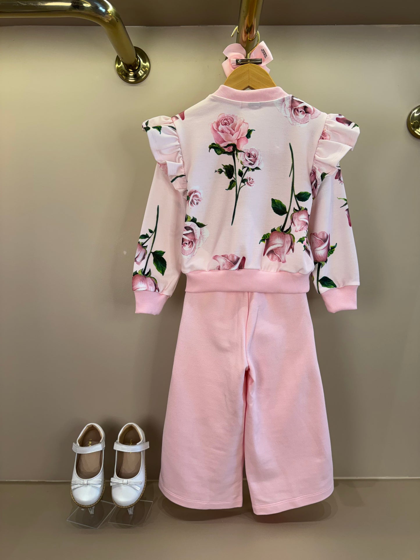 Conjunto Infantil Casaco Moletom Floral Babados e Calça Wide Leg Lateral Glitter Rosa - Luluzinha