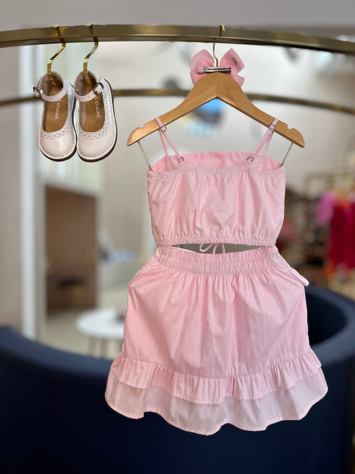 Conjunto Infantil Blusa e Saia-short de Algodão Entremeio em Renda Rosa - Um Mais Um