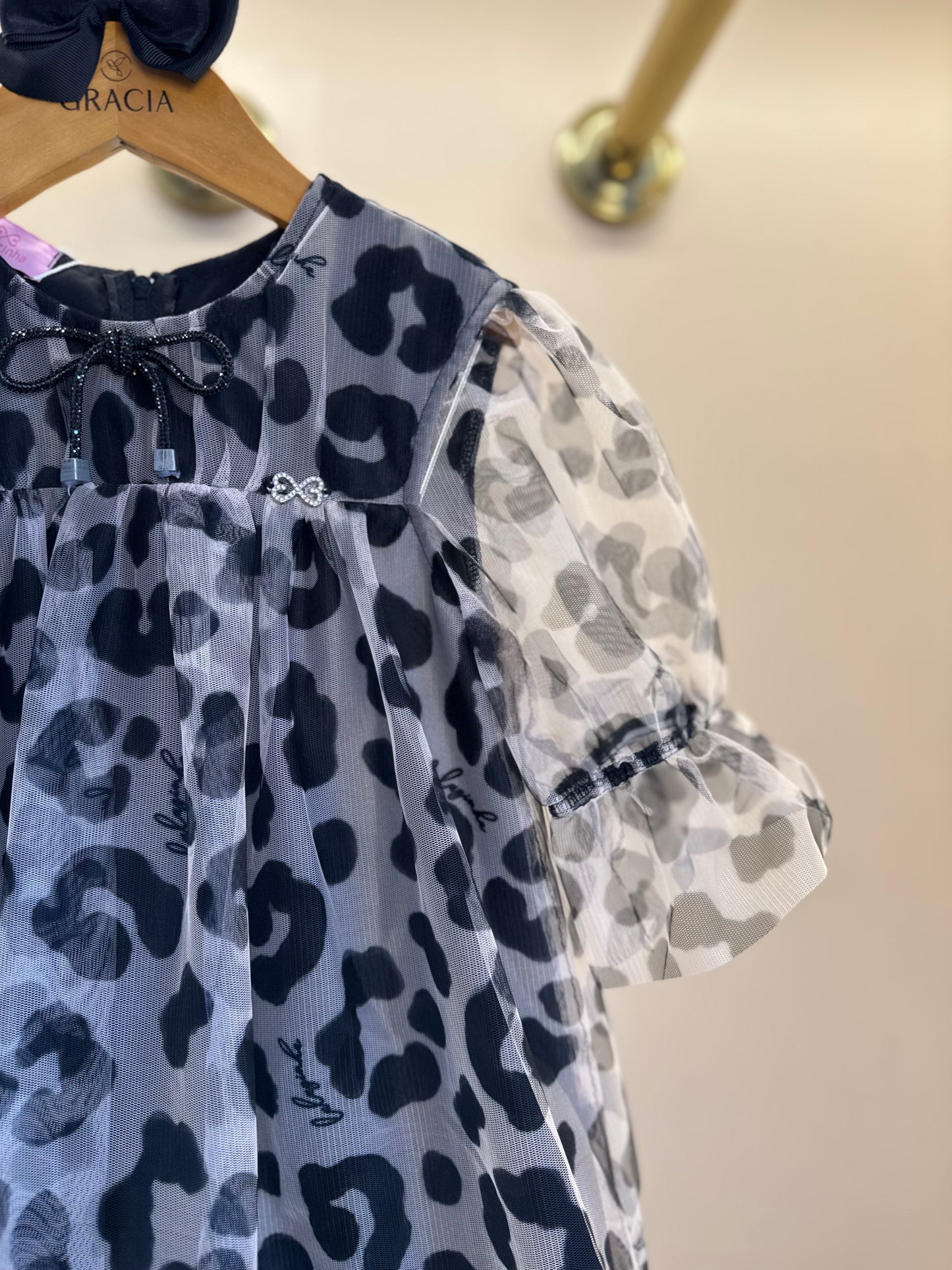 Vestido Infantil Rodado Tule Esclusivo Animal Print Aplicação Laço Strass - Luluzinha