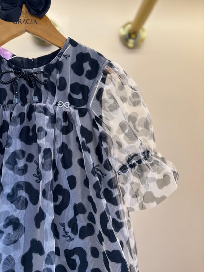 Vestido Infantil Rodado Tule Esclusivo Animal Print Aplicação Laço Strass - Luluzinha