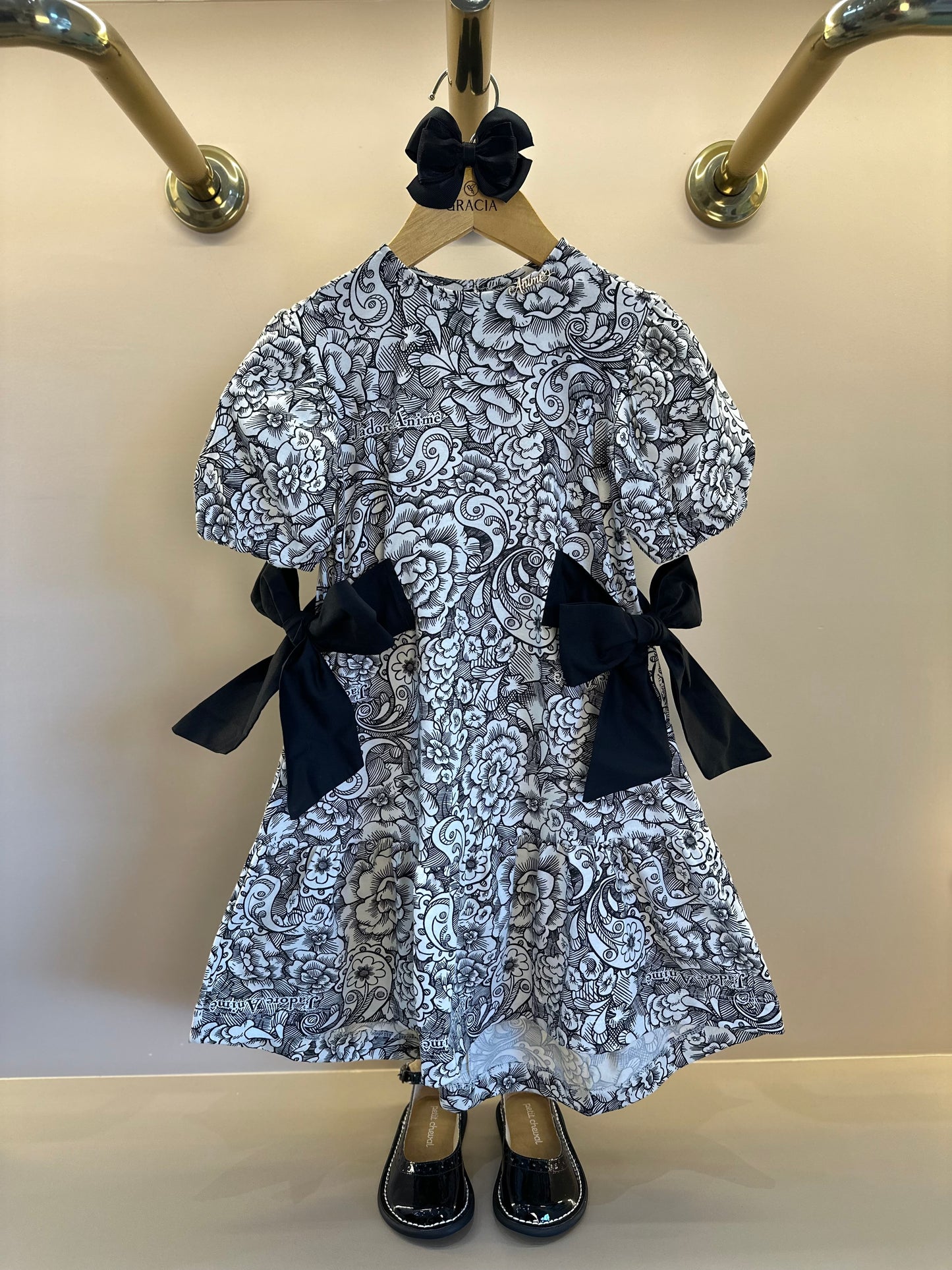 Vestido Infantil Floral Paisley Laços Preto - Animê