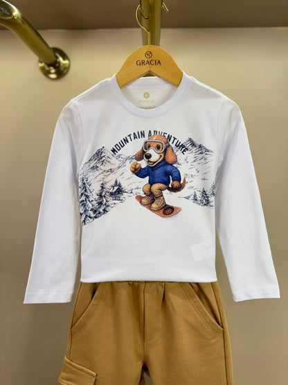 Conjunto Bebê Camiseta ML Ursinho Ski e Calça Moletom Cargo Bege - Um Mais Um