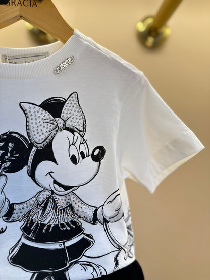 Conjunto Infantil Blusa Minnie Buquê & Mickey Pérola e Shorts Conceito Tweed Preto - Animê