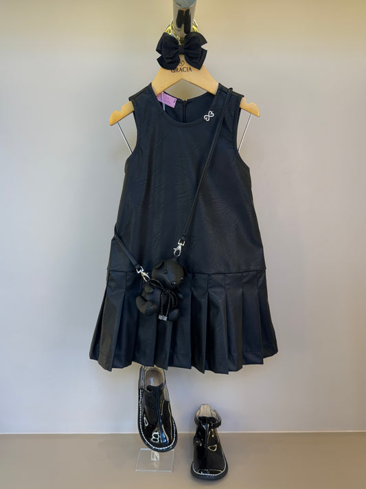 Vestido Infantil Trapézio Couro Tech com Bolsa Ursinho - Luluzinha