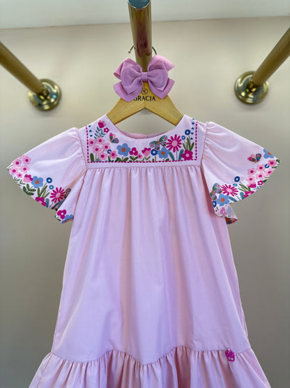 Vestido Infantil Trapézio Flores e Babado Rosa - Mon Sucré
