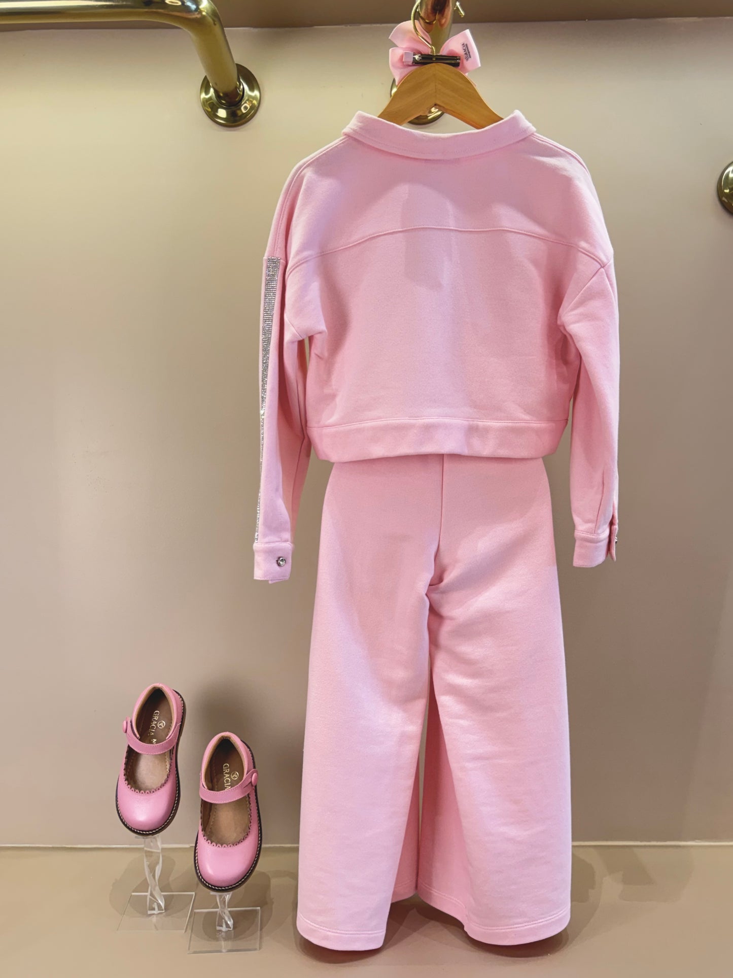 Conjunto Infantil Trio Blusa ML Laço, Casaco Strass e Calça Wide Leg com Glitter Lateral - Luluzinha