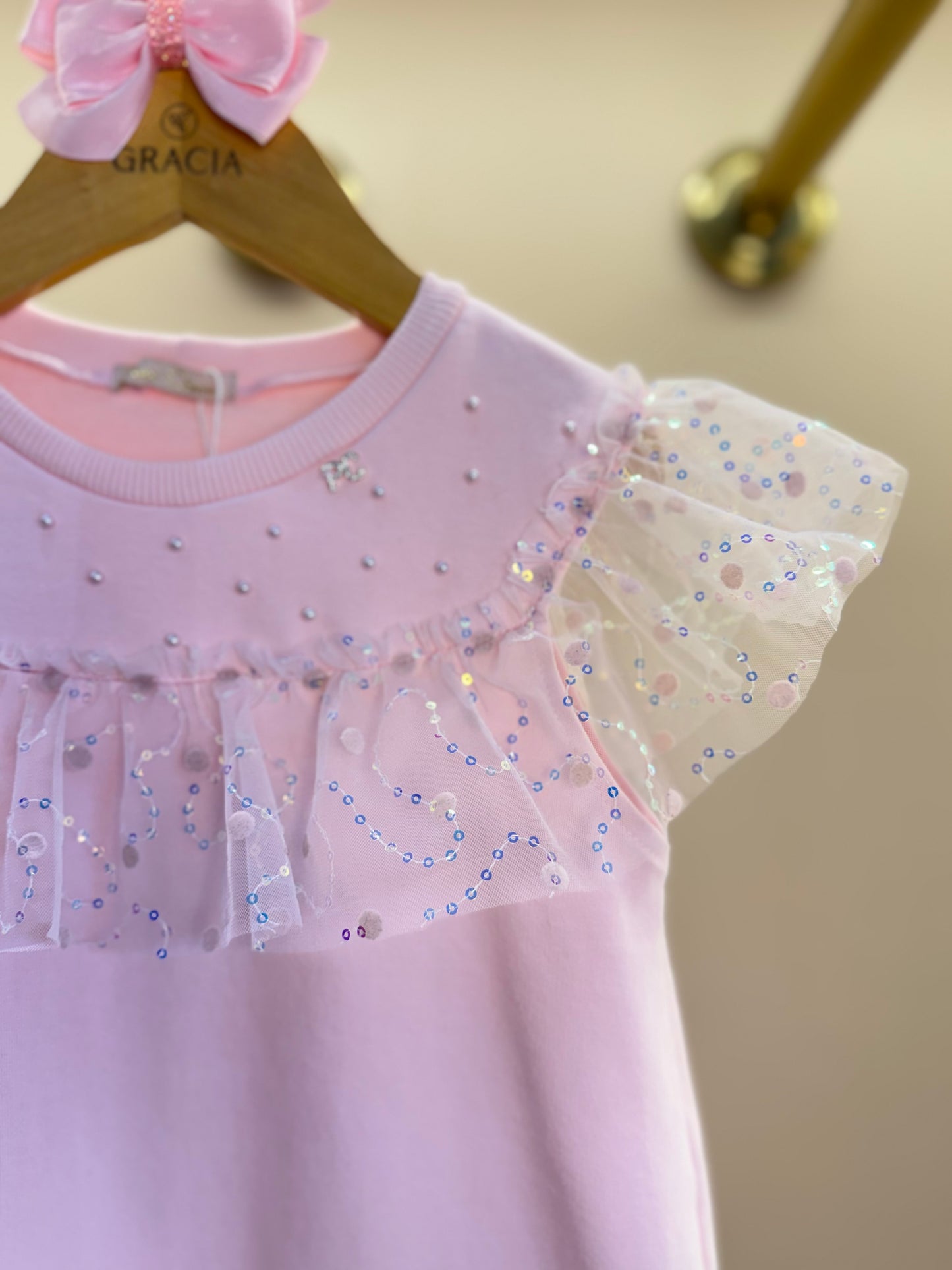 Vestido Infantil Trapézio Bonequinha Tule Bordado Rosa - Petit Cherie