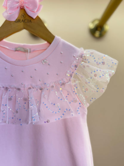 Vestido Infantil Trapézio Bonequinha Tule Bordado Rosa - Petit Cherie