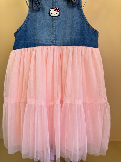 Vestido Infantil Jeans com Tule Rosa Hello Kitty - Momi
